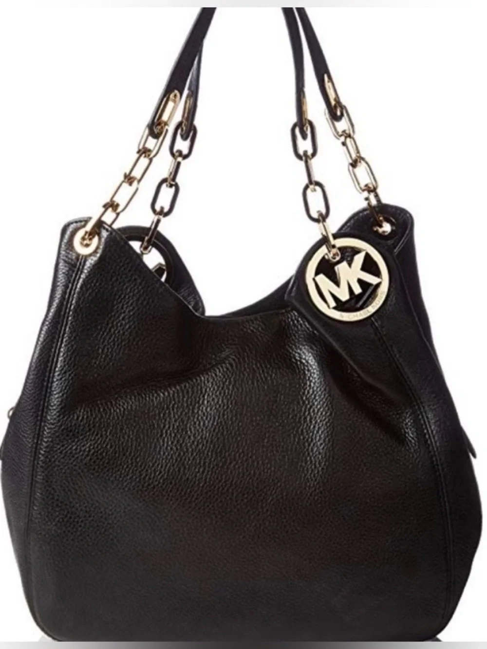 Michael Kors Black Pebbled Leather Fulton Hobo Shoulder Bag with Gold Hardware